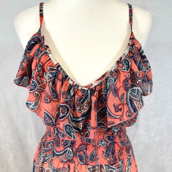 Pink and white paisley print boho smocked ruffle maxi dress size XL - Picture 3 of 9